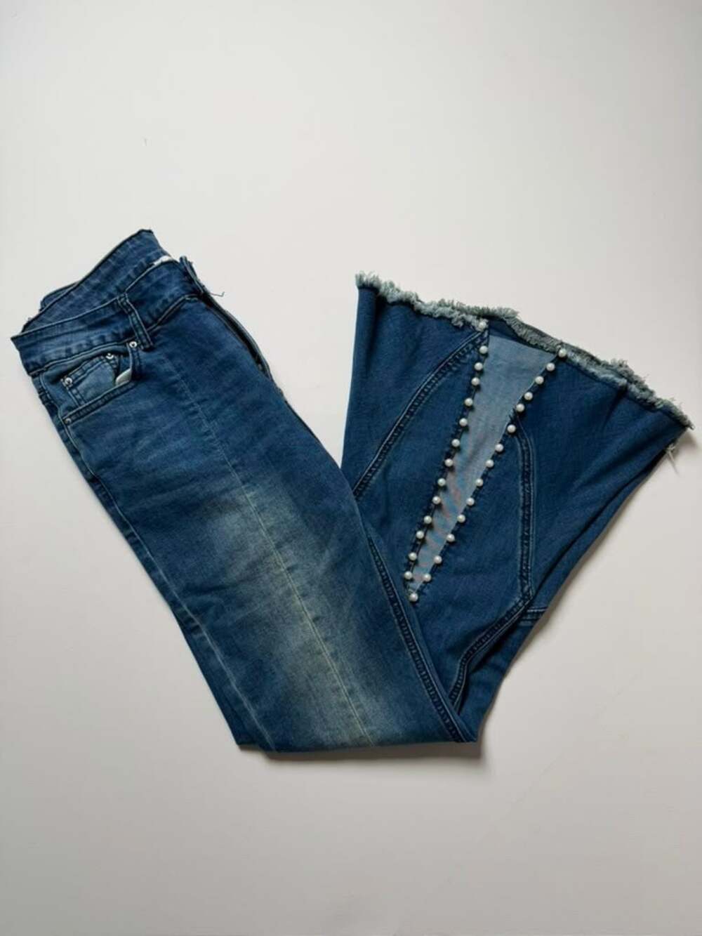 Bell Bottom Boho Festival High Rise Blue Denim Pearl Split Flare Jeans